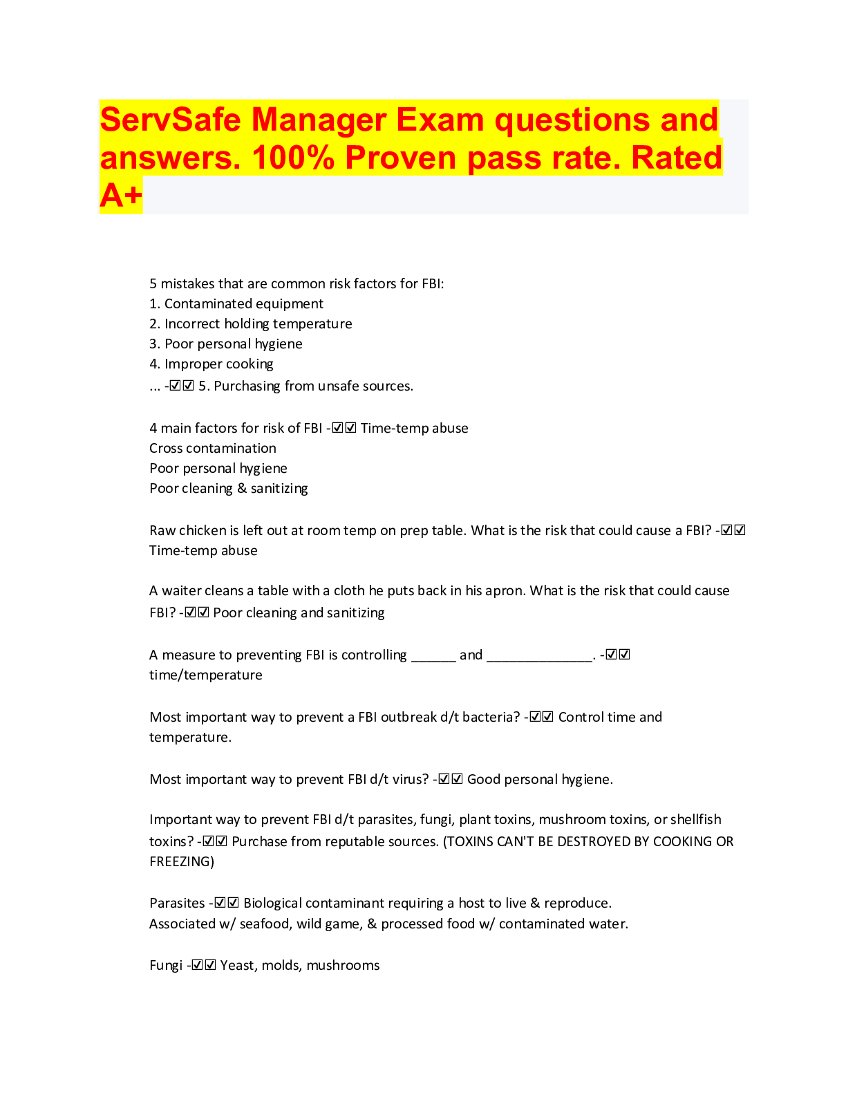 ServSafe Manager Exam questions and answers. 100 Proven pass rate